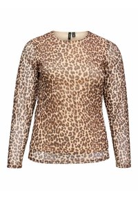 Lange mouwen luipaardprint mesh top met ronde halslijn en een licht doorschijnende stof.