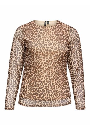 Haut en maille à manches longues avec imprimé léopard, col rond et tissu légèrement transparent.