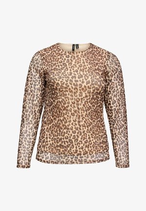 Langærmet leopardprint mesh-top med rund halsudskæring og en let gennemsigtig stof.