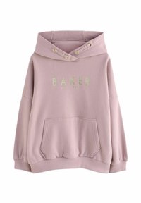 Light pink sweatshirt with a hood, featuring "BAKER" printed in light green, a front pocket, and ribbed cuffs at the hem and sleeves.