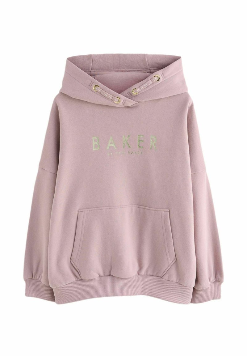 Light pink sweatshirt with a hood, featuring "BAKER" printed in light green, a front pocket, and ribbed cuffs at the hem and sleeves.