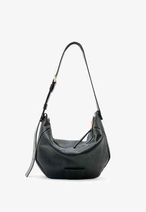 Black leather shoulder bag with a slouchy shape, featuring a top zip closure, long adjustable strap, and gold-tone hardware accents.