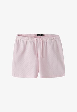 Pantalones cortos de cintura elástica de color rosa claro con pequeño patrón perforado en forma de diamante y cordón en la parte delantera, etiquetados como LMTD talla S.