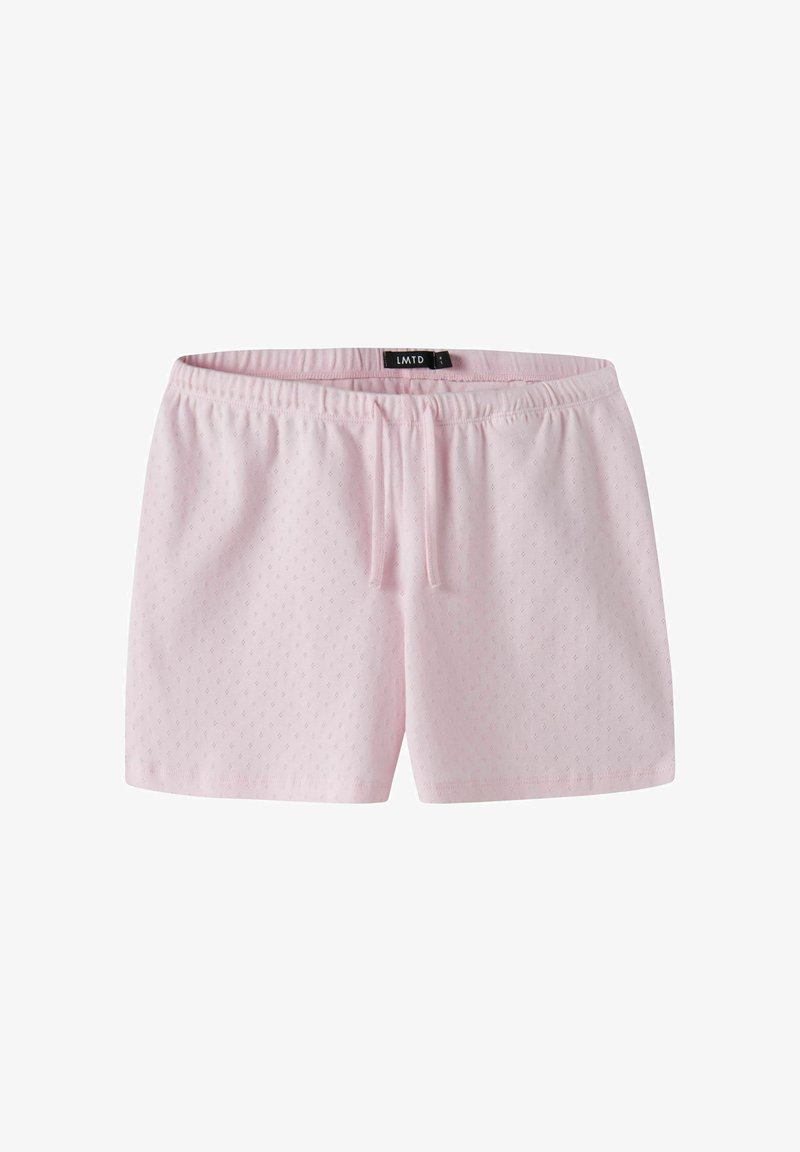 Shorts rose clair à taille élastique avec un petit motif de losanges perforés et un cordon à l'avant, étiqueté LMTD taille S.
