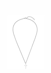 Zilveren kettinkje met een eenvoudige kruisvormige hanger. De ketting heeft een gladde textuur, een sluiting en een verstelbare lengte.