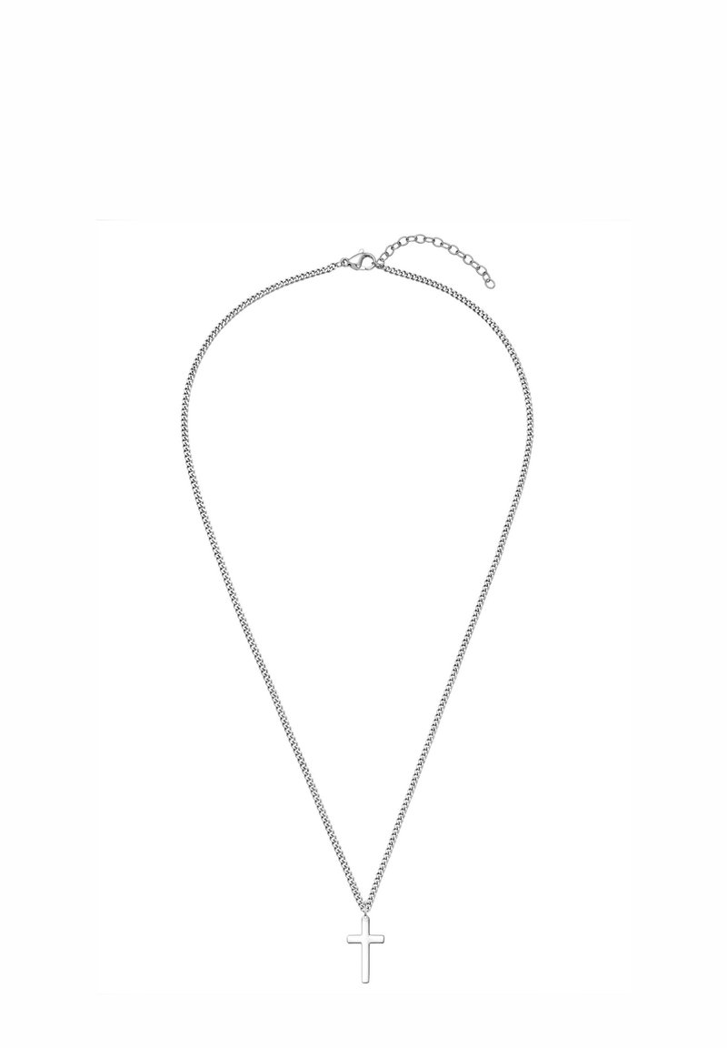 Collar de cadena de plata con un colgante de cruz simple. La cadena tiene una textura lisa, con un cierre y longitud ajustable.