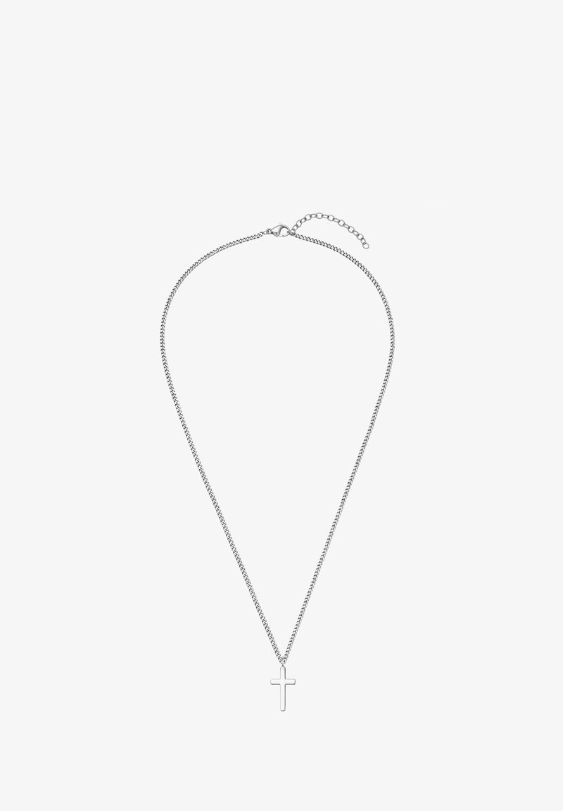 Collar de cadena de plata con un colgante de cruz simple. La cadena tiene una textura lisa, con un cierre y longitud ajustable.