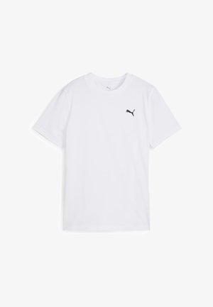 Maglietta bianca in cotone con maniche corte, scollo rotondo e logo Puma nero sul petto a sinistra. Design semplice senza motivi o accenti.