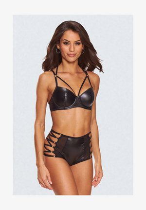 Svart bikini-set med en strukturerad bralette med justerbara axelremmar och högmidjade trosor prydda med utskärningar.