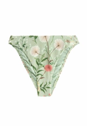 Bikinihose mit Blumenmuster aus hellgrünem Stoff, verziert mit pinken und weißen Blumenmustern, mit glatter, strukturierter Oberfläche und tief sitzendem Schnitt.