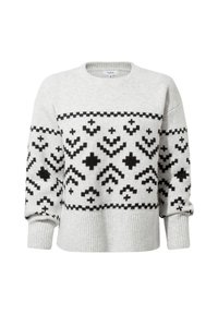Light gray knitted sweater with black geometric patterns. Features ribbed cuffs and hem, and a round neckline. Fabric has a textured appearance.