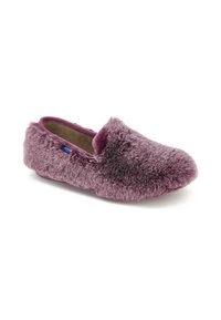 Plush purple slipper with a rounded toe and soft fur-like texture. Features a simple slip-on design with a padded interior for comfort.