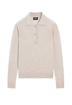 Light pink long-sleeve pullover with a polo collar, featuring three button placket and ribbed cuffs. Made of soft, textured fabric.