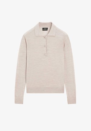 Maglione rosa chiaro a maniche lunghe con collo polo, caratterizzato da una patta con tre bottoni e polsini a coste. Realizzato in tessuto morbido e strutturato.