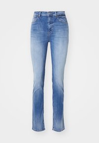 Lichtblauwe denim straight-leg jeans met een vervaagde afwerking, voorzien van vijf zakken en een knoopsluiting aan de taille.