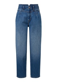 Kalhoty s vysokým pasem a rovnými nohavicemi vyrobené z modrého denimu. Mají šité záhyby a knoflíkový zapínání v pase. Žádné další zdobení.