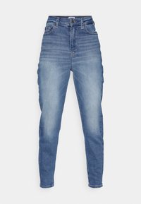 Džíny s vysokým pasem a slim fit v modrém denimu s prostředním omytím. Obsahují pět kapes, poutka na opasek a drobné zesvětlení vpředu.