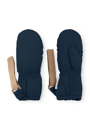 Marineblaue Fäustlinge aus einem glatten, wasserabweisenden Stoff, mit elastischen Bündchen und beigen Riemen zur Befestigung. Daumen-Rutsch-Design für zusätzliche Wärme.
