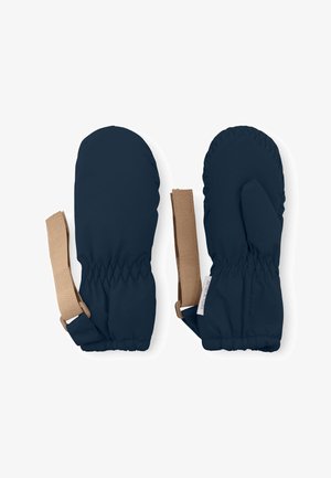 Marineblå votter med et glatt, vannavstøtende stoff, elastiske mansjetter og beige stropper for feste. Tommelglipp-design for ekstra varme.