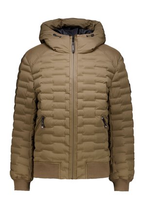 Chaqueta de abrigo marrón con cierre frontal de cremallera, capucha y puños acanalados. Presenta un diseño acolchado, dos bolsillos laterales y un forro interior suave.