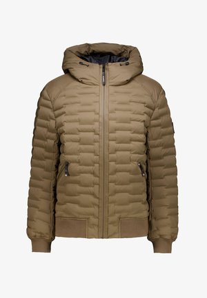 Braune Pufferjacke mit Reißverschluss vorne, Kapuze und gerippten Bündchen. Verfügt über ein gestepptes Design, zwei Seitentaschen und ein glattes Innenfutter.