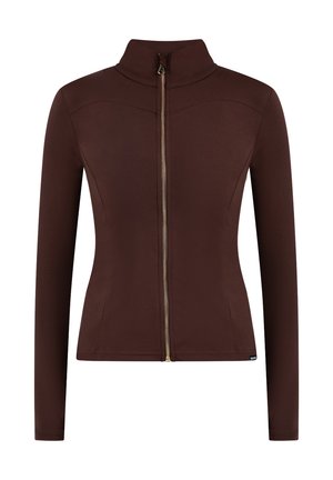 Brown fitted jacket with a high collar, full front zipper, and long sleeves. Smooth texture with subtle stitching details.