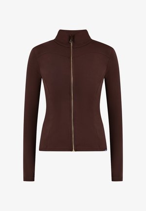 Brown fitted jacket with a high collar, full front zipper, and long sleeves. Smooth texture with subtle stitching details.