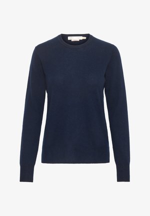 Marineblauer Strickpullover mit Rundhalsausschnitt, langen Ärmeln und gerippten Bündchen. Weicher Stoff mit einem dezenten Glanz und ohne Muster.