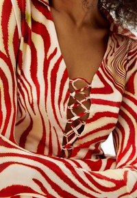 Robe rouge et crème avec un motif de rayures zébrées, dotée d'un décolleté en V profond et d'un design croisé à lacets sur la poitrine. Texture de tissu lisse.