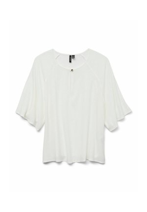 Witte losvallende blouse met brede ellebooglange mouwen, ronde halslijn en een enkele knoopsluiting in het midden van de voorkant.