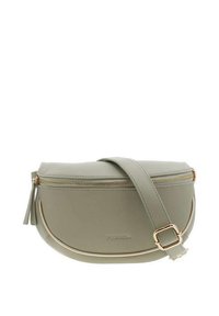 Sac bandoulière en simili cuir vert avec une forme courbée, des accents en métal doré, une fermeture éclair et une sangle réglable.