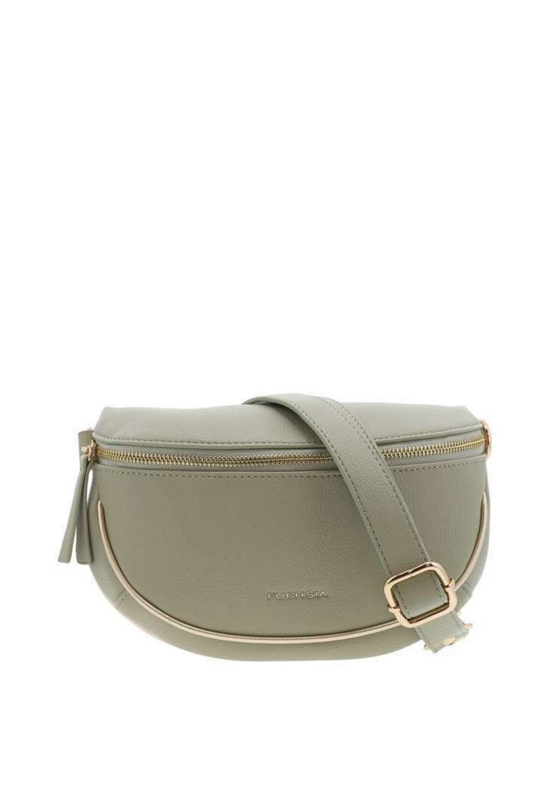 Sac bandoulière en simili cuir vert avec une forme courbée, des accents en métal doré, une fermeture éclair et une sangle réglable.
