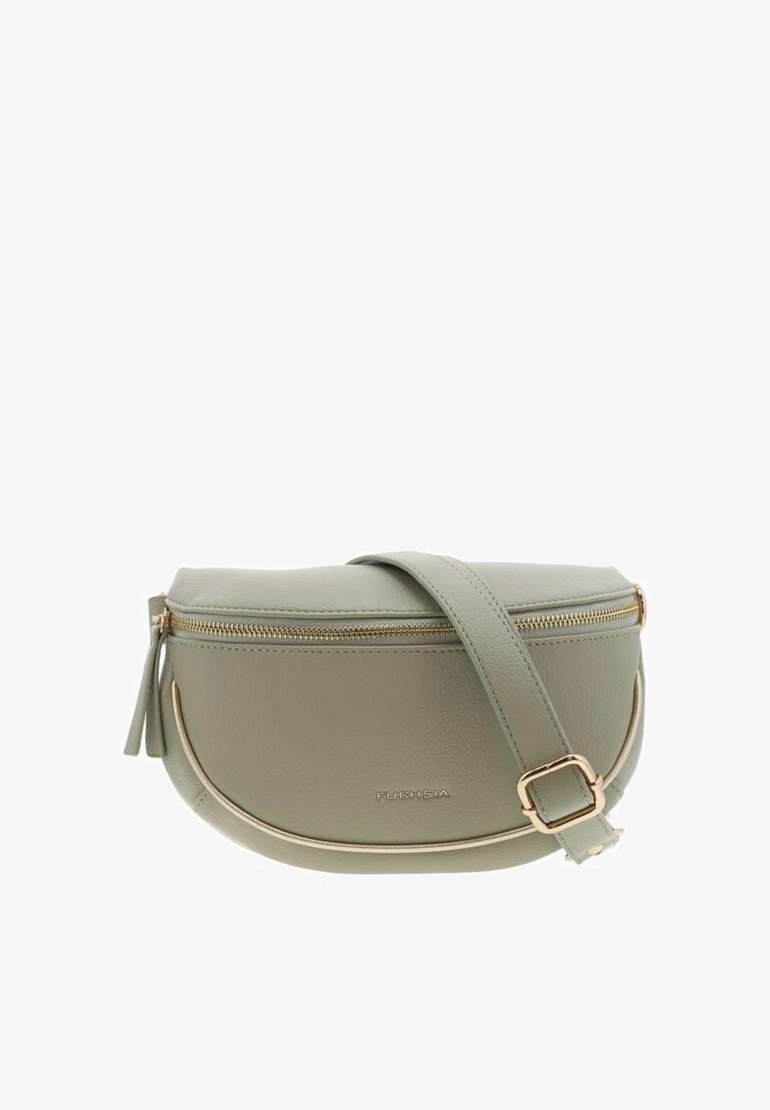 Sac bandoulière en simili cuir vert avec une forme courbée, des accents en métal doré, une fermeture éclair et une sangle réglable.