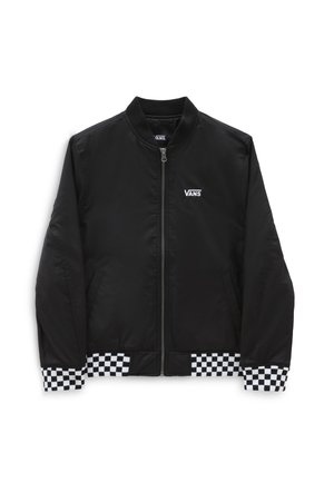 Schwarze Bomberjacke mit durchgehendem Reißverschluss, geripptem Kragen und schwarz-weiß karierten Bündchen. Verfügt über ein kleines weißes Vans-Logo auf der Brust.