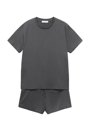 Grå bomullsloungewear-set bestående av en kortärmad crew-neck topp och shorts med dragsko, slät textur, avslappnad passform, utan mönster eller detaljer.