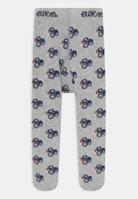 Gray leggings featuring an all-over pattern of blue tractors with brown and yellow accents. Soft fabric, snug fit, and elastic waistband.