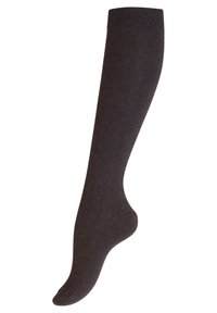 Chaussettes hautes de couleur marron foncé, fabriquées dans un matériau doux et texturé, avec une finition lisse et un ajustement près du mollet. Sans motifs ni accents.