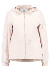 Ljusrosa hooded jacka med dragkedja fram, elastiska mudd och justerbara dragsnören. Fodrad med ett prickmönster. Har en mjuk textur.