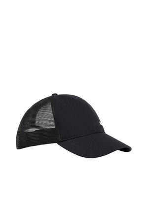 Czarna czapka baseballowa z zakrzywionym daszkiem i tylnymi panelami z siateczki dla wentylacji, przedstawiona na białym tle.