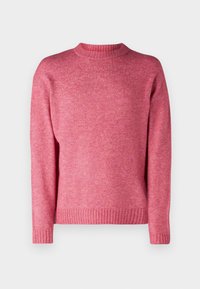 Pink knitted sweater with a round neckline, ribbed cuffs, and a textured finish. Features a regular fit and medium weight.