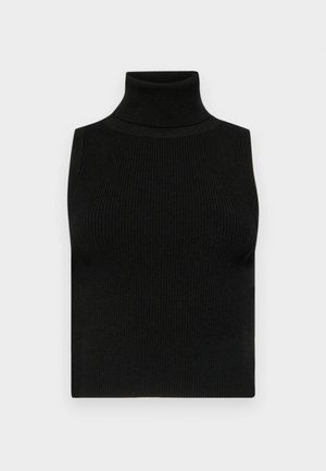 Top sin mangas negro de cuello alto con textura acanalada y diseño ajustado. Tejido suave con un cuello alto y sin adornos adicionales.