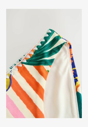 Kleurrijke bikinibroekje met een tropische print van groene bladeren en felgekleurde strepen. Gestructureerde stiksel langs de tailleband.