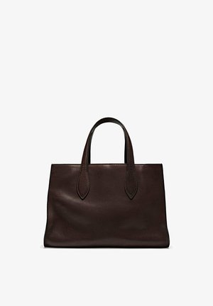 Brown leather tote bag with two elongated handles, structured rectangular shape, smooth texture, and subtle stitching details.