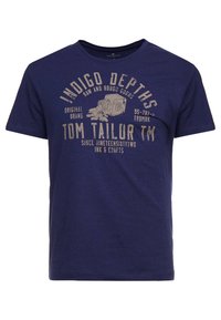 Camiseta de algodón azul marino con un estampado gráfico en beige claro. Diseño de cuello redondo con mangas cortas y dobladillo recto.
