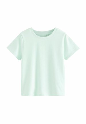 Helles mintgrünes T-Shirt mit kurzen Ärmeln und rundem Ausschnitt, aus weichem Baumwollmaterial gefertigt, mit glatter Textur und normaler Passform.