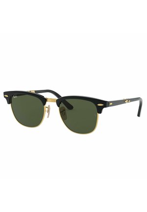 Occhiali da sole con montatura in acetato nera, lenti verdi, dettagli dorati e design a occhio di gatto. Presentano hardware metallico decorativo e naselli regolabili.