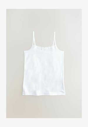 Top in cotone bianco senza maniche con spalline sottili, rifinitura in pizzo lungo il colletto e un piccolo fiocco sul retro. Texture liscia e design classico.