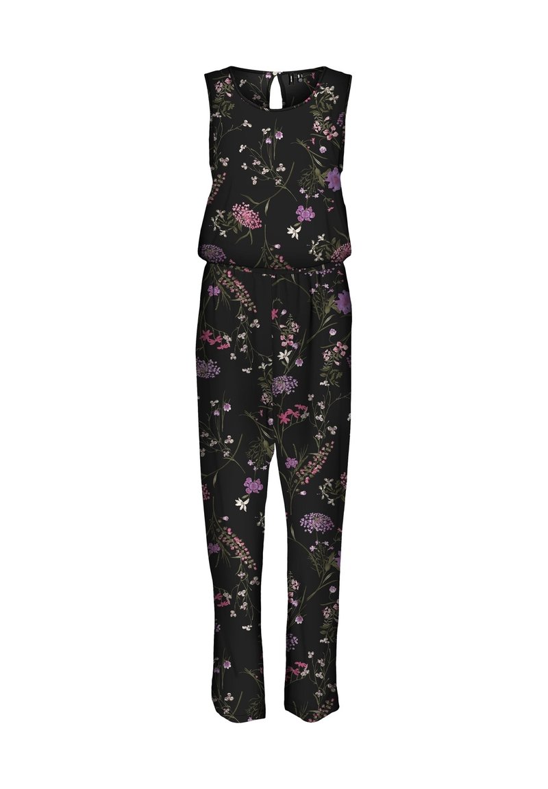 Combinaison noire sans manches, coupe ample, imprimé floral rose et violet, dos découpé en forme de goutte et taille froncée.