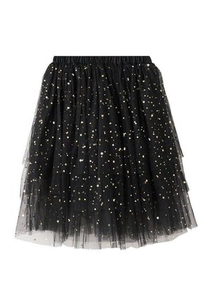Jupe en tulle noir avec une taille élastique plissée, ornée de motifs d'étoiles dorées dispersées. Design texturé et en couches.