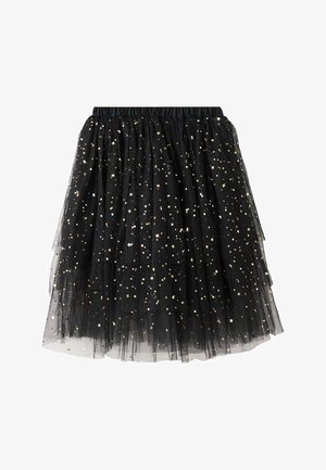 Black tulle skirt featuring a ruched elastic waistband, adorned with scattered gold star patterns. Textured and layered design.